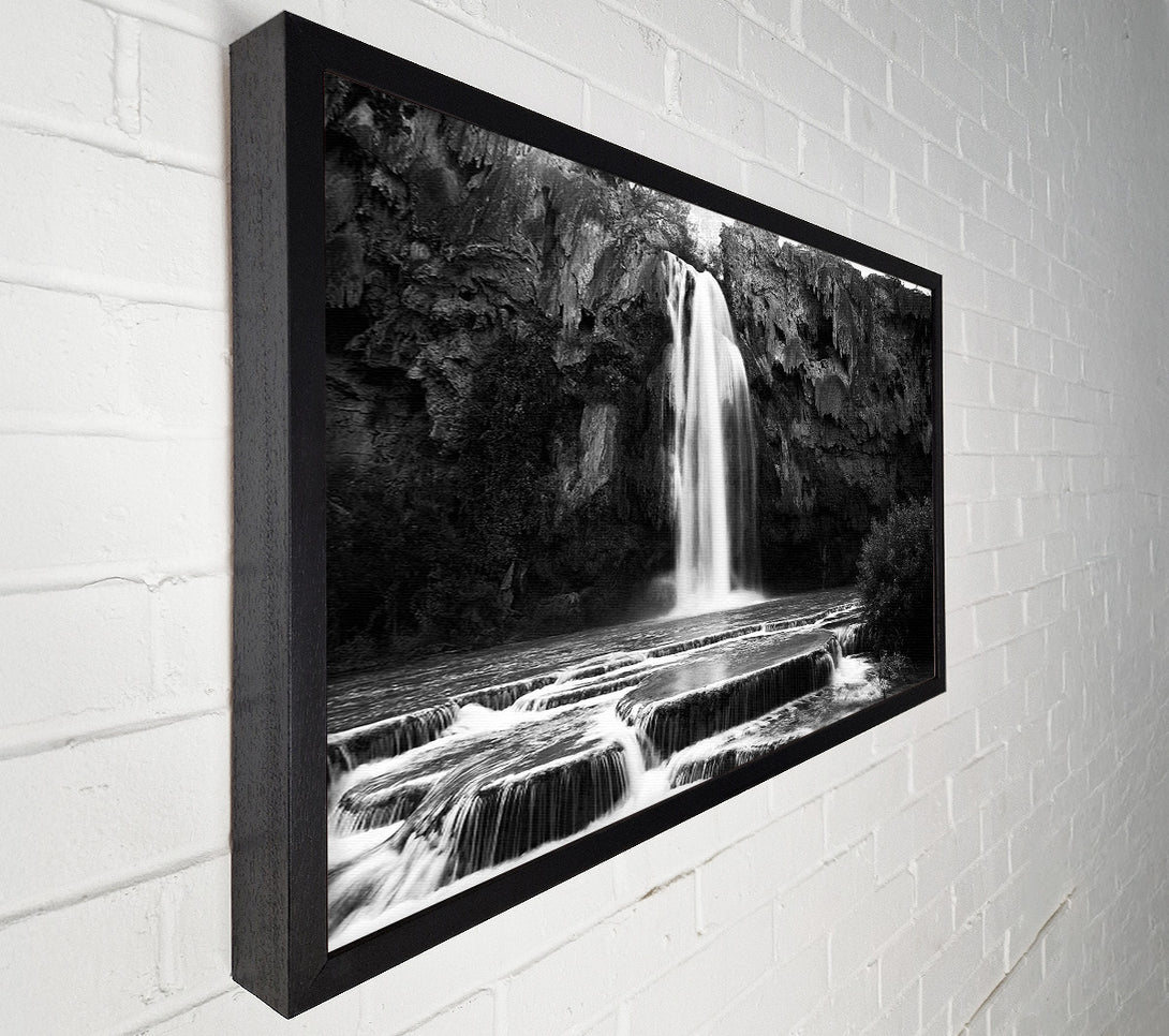  A Canvas Print of Hidden Woodland Waterfall Rocks B n W Canvas Art