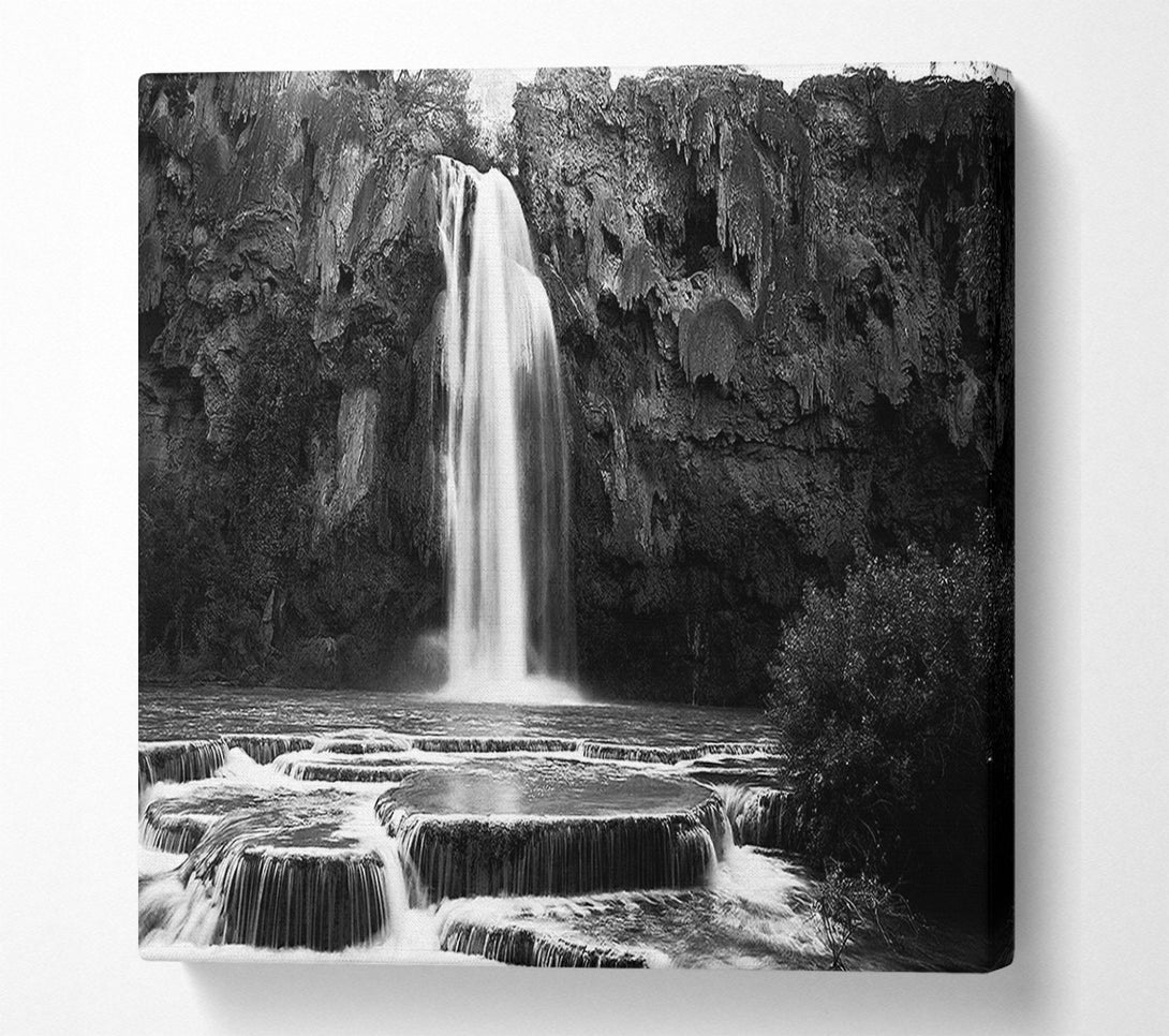  A Canvas Print of Hidden Woodland Waterfall Rocks B n W Canvas Art
