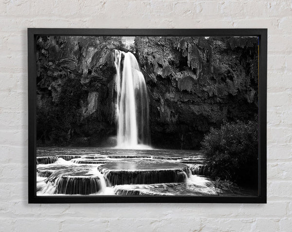 Hidden Woodland Waterfall Rocks B n W Framed Print