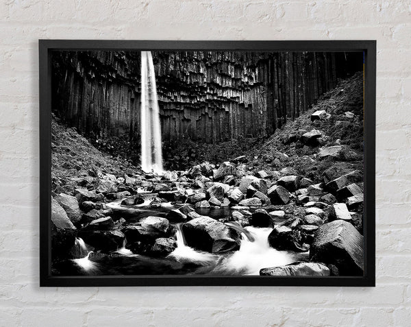 Waterfall Valley Rocks B n W Framed Print