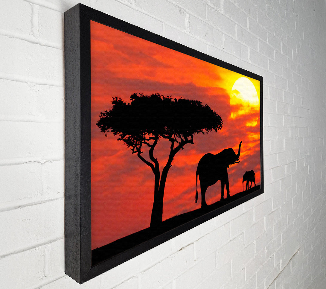  A Canvas Print of Mother And Baby Elephant Silhouetted At Sunrise Kenya Canvas Art