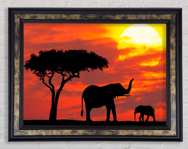 Mother And Baby Elephant Silhouetted At Sunrise Kenya Framed Print