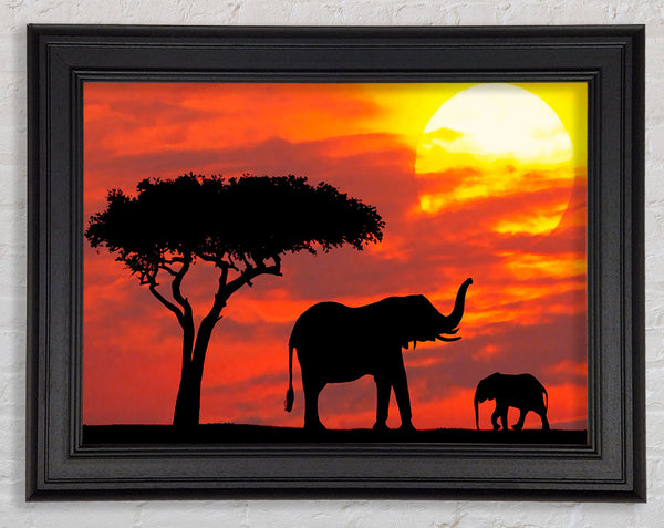 Mother And Baby Elephant Silhouetted At Sunrise Kenya Framed Print