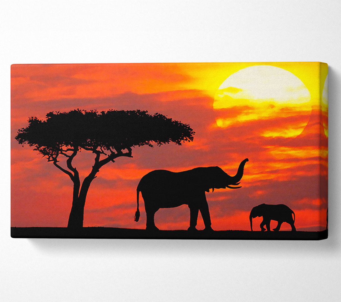  A Canvas Print of Mother And Baby Elephant Silhouetted At Sunrise Kenya Canvas Art