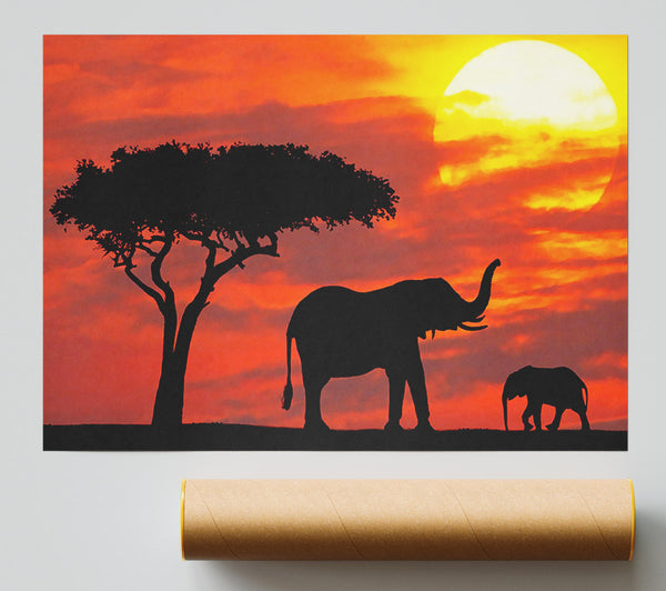 Mother And Baby Elephant Silhouetted At Sunrise Kenya Print