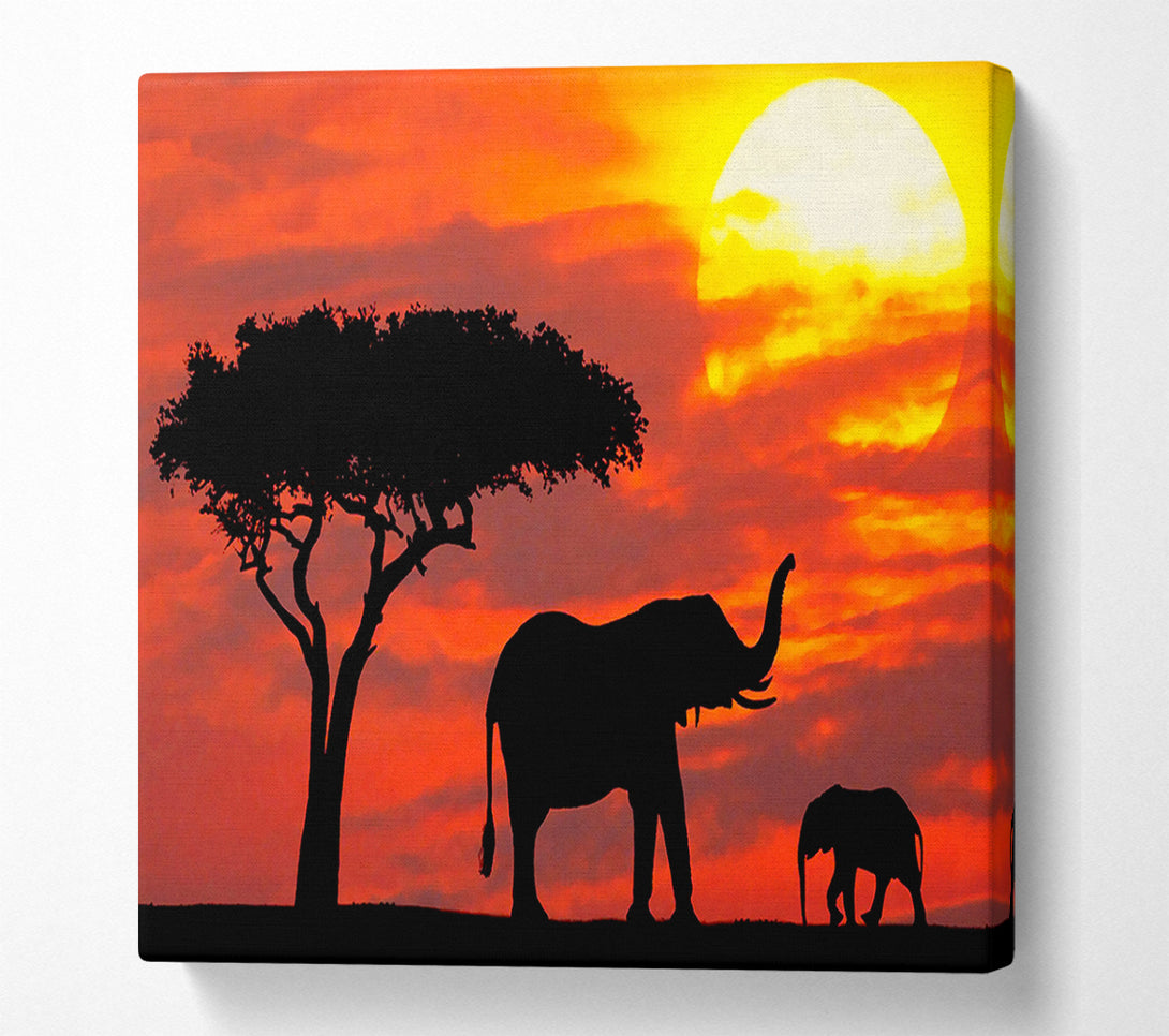  A Canvas Print of Mother And Baby Elephant Silhouetted At Sunrise Kenya Canvas Art