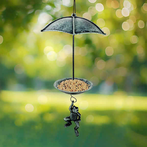 Hanging Wild Bird Feeder Frog And Umbrella By Nature Watch - Cast Iron