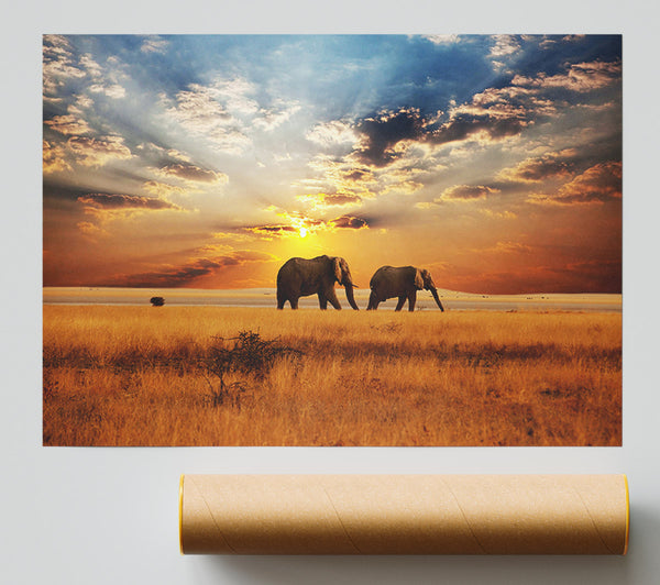 Elephant Duo Sunset Giclee Print