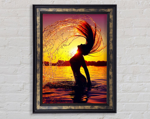 Sunset woman Ocean Splash Framed Print