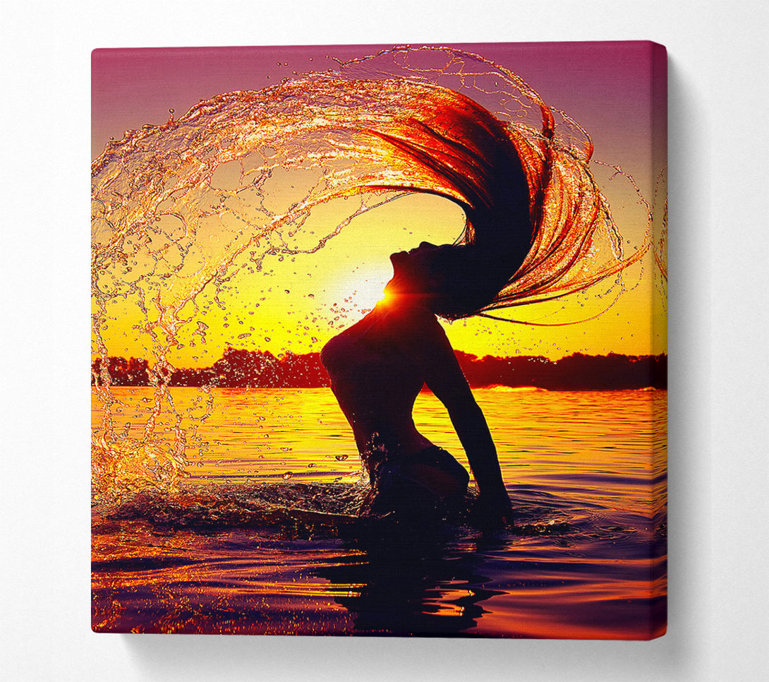  A Canvas Print of Sunset woman Ocean Splash Canvas Wall Art