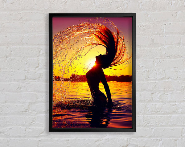 Sunset woman Ocean Splash Framed Print