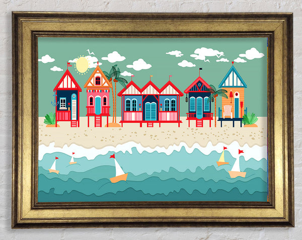 Beach Huts And Sailboats Framed Print