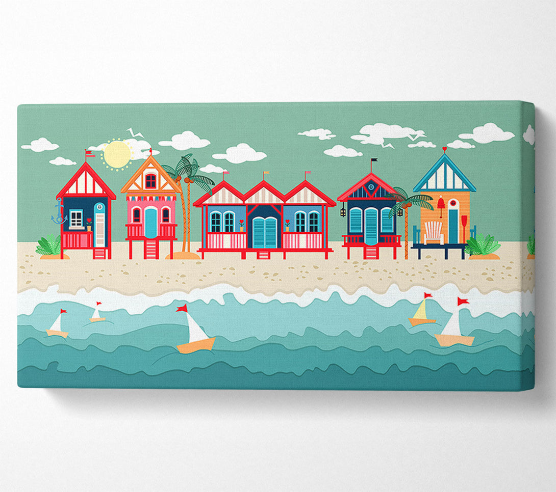  A Canvas Print of Beach Huts And Sailboats Canvas Wall Art