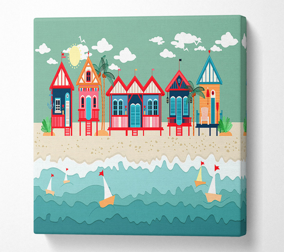  A Canvas Print of Beach Huts And Sailboats Canvas Wall Art