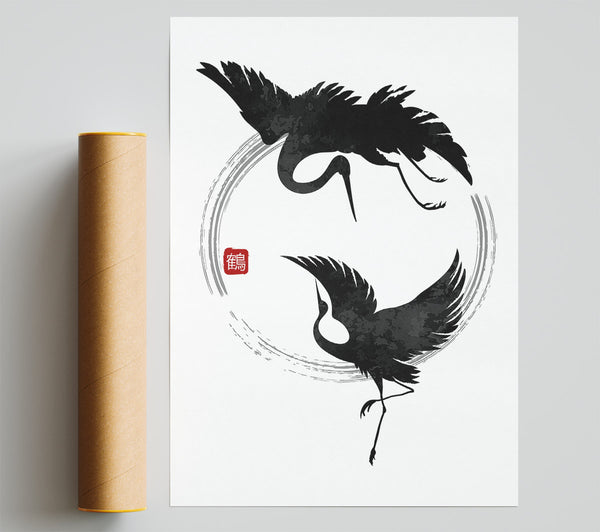 Japanese Cranes In The Circle Of Life Print