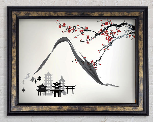Mountains And Chinese Cherry Blossom Framed Print