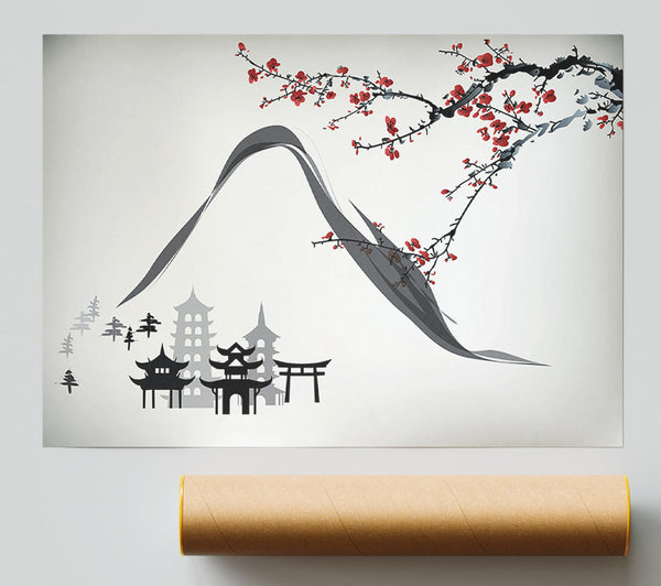 Mountains And Chinese Cherry Blossom Poster