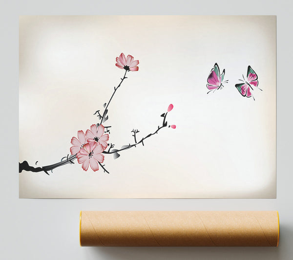 Chinese Cherry Blossom Butterflies Poster