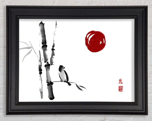 Japanese Bamboo Bird In The Red Sun Framed Print