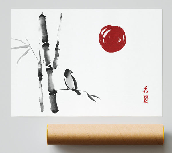 Japanese Bamboo Bird In The Red Sun Print