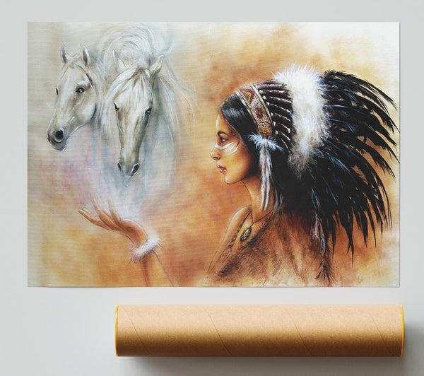 Red Indian Princess With Horses Poster