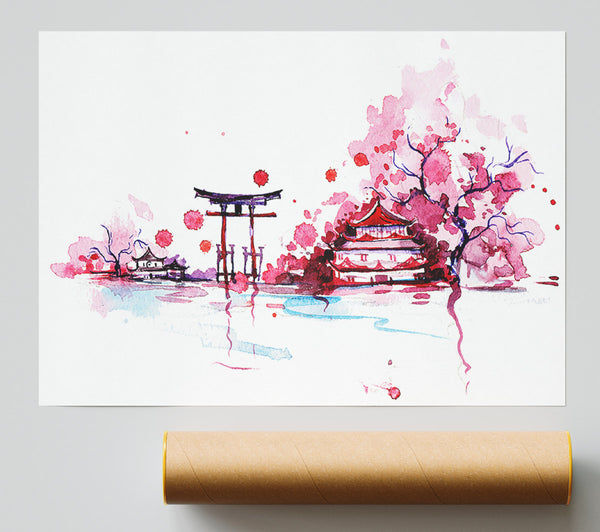 Chinese Cherry Blossom Lake Giclee Print