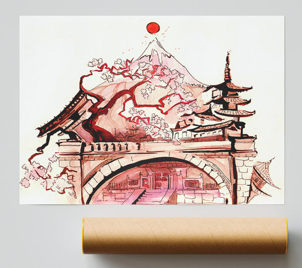 Chinese Cherry Blossom Temple Print