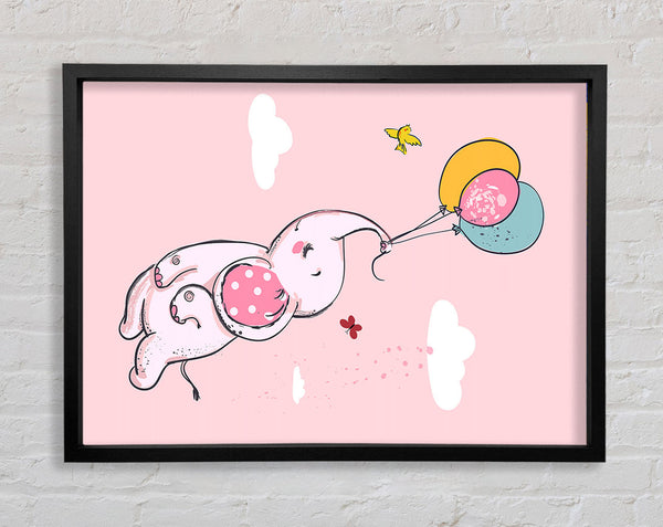 Pink Elephant Floating On Balloons Framed Print