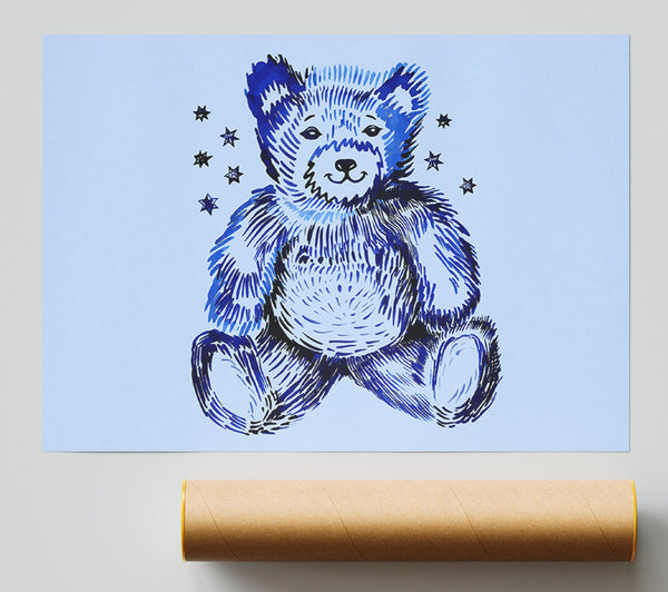 Blue Teddy Bear Stars Print