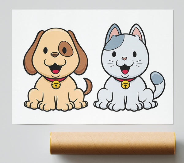 Happy Cat And Dog Print