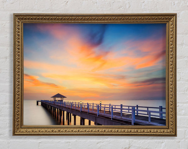 Golden Pier At Dusk Framed Print