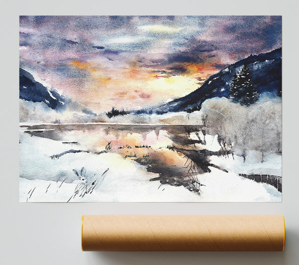 Winter At The Sunset Lake Giclee Print