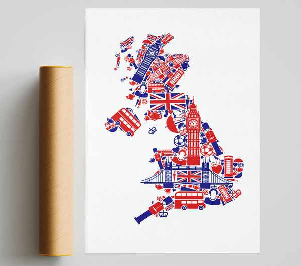 London Icons In The Shape Of The Uk Poster