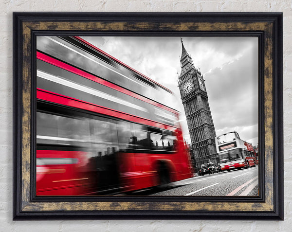 Iconic Red Bus Passed Big Ben Framed Print