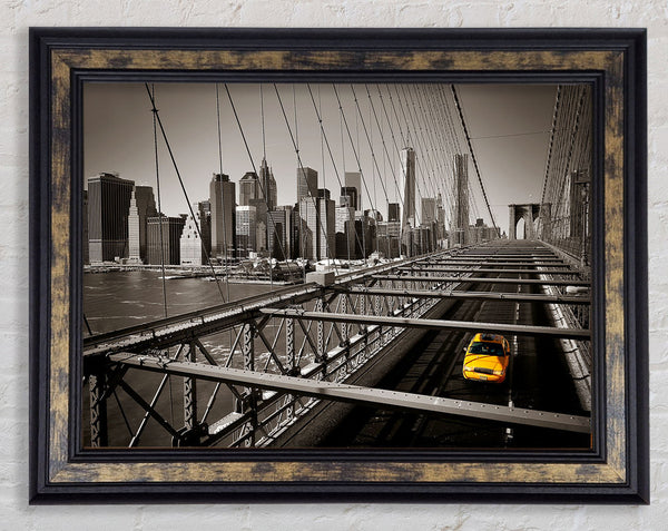 Brooklyn Bridge Yellow Cab Leaving NYC Framed Print