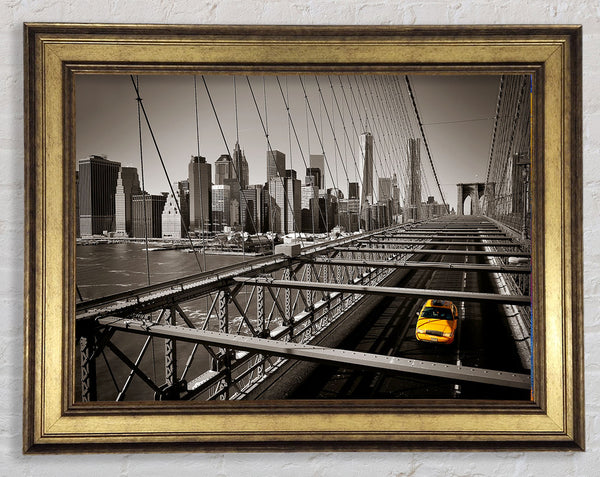 Brooklyn Bridge Yellow Cab Leaving NYC Framed Print