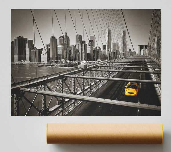 Brooklyn Bridge Yellow Cab Leaving Nyc Poster