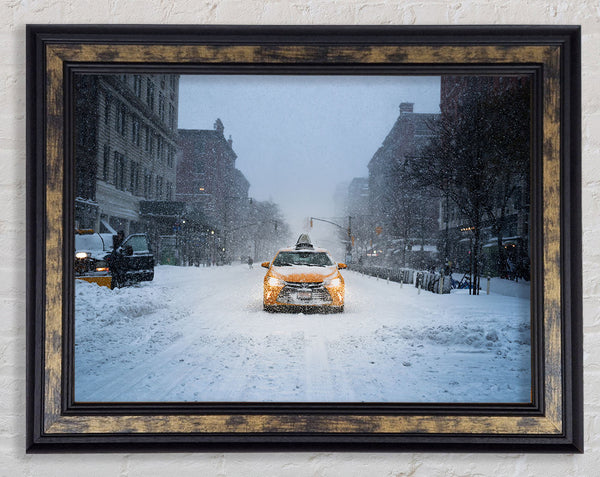 Yellow Cab In The Snow Framed Print