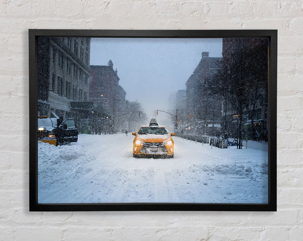 Yellow Cab In The Snow Framed Print