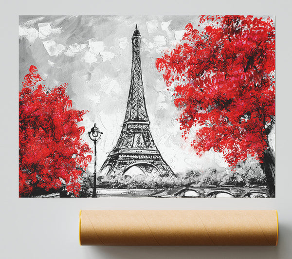 Eiffel Tower Red Trees Poster