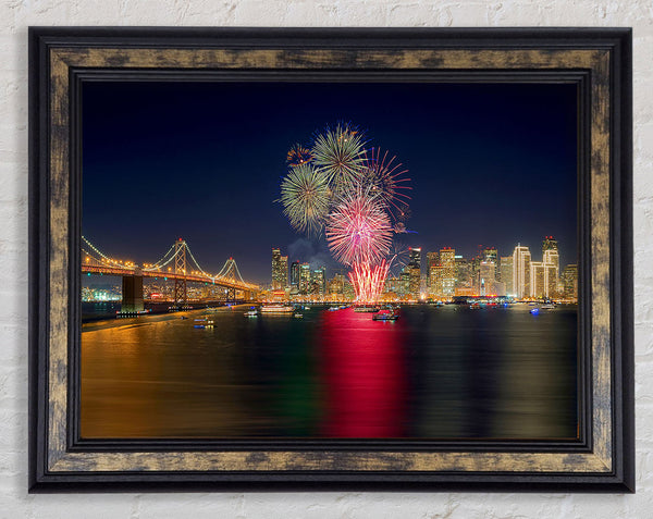 Fireworks Over The Golden Gate Bridge Framed Print