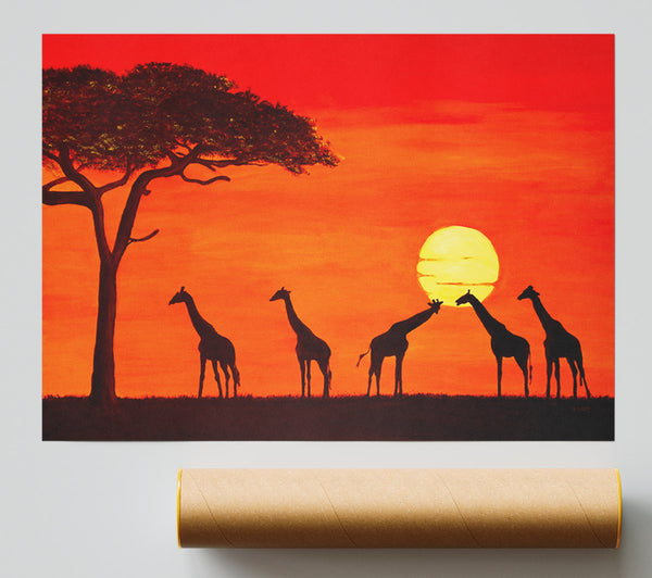Giraffes At The Sunset Print