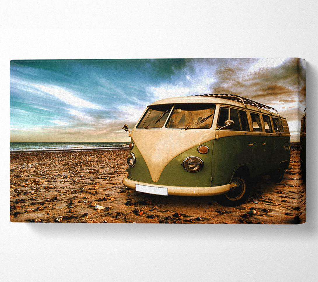  A Canvas Print of VW Camper At The Beach Green Canvas Art