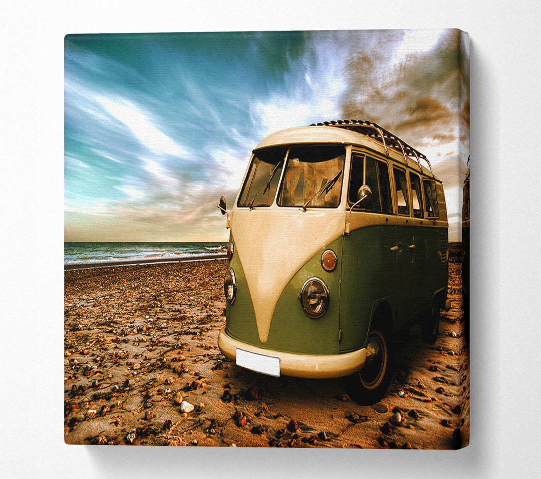  A Canvas Print of VW Camper At The Beach Green Canvas Art