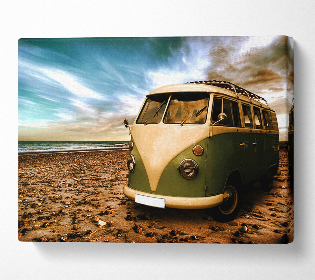  A Canvas Print of VW Camper At The Beach Green Canvas Art