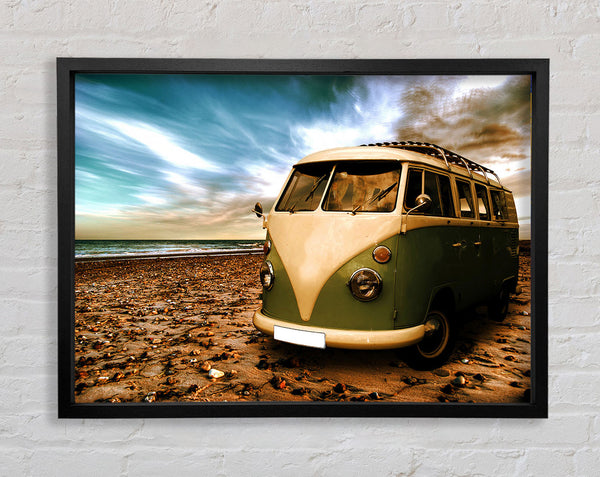 VW Camper At The Beach Green Framed Print