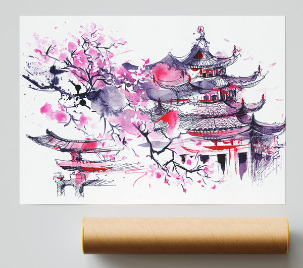 Chinese Village Red And Poster