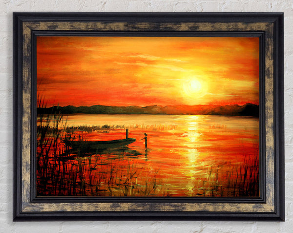 Row Boat On The Sunset Waters Framed Print