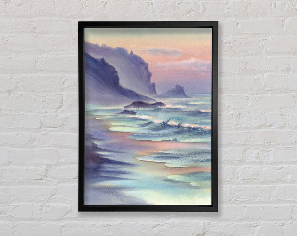 Ocean Waves Against The Mountain Rocks Framed Print