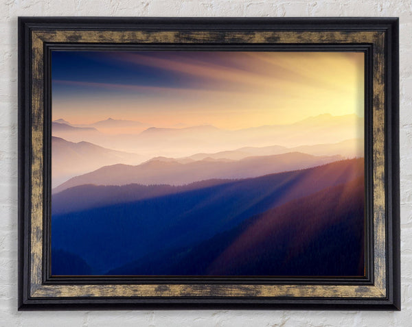 Misty Sunrise Mountains Framed Print